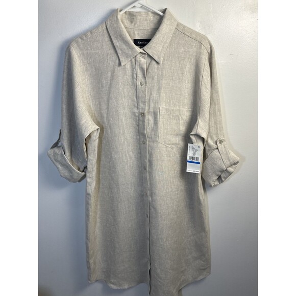Karen Kane Shirt Dress XL 100% Linen Collared Full Button Beige Oat Coastal Chic - Picture 1 of 12